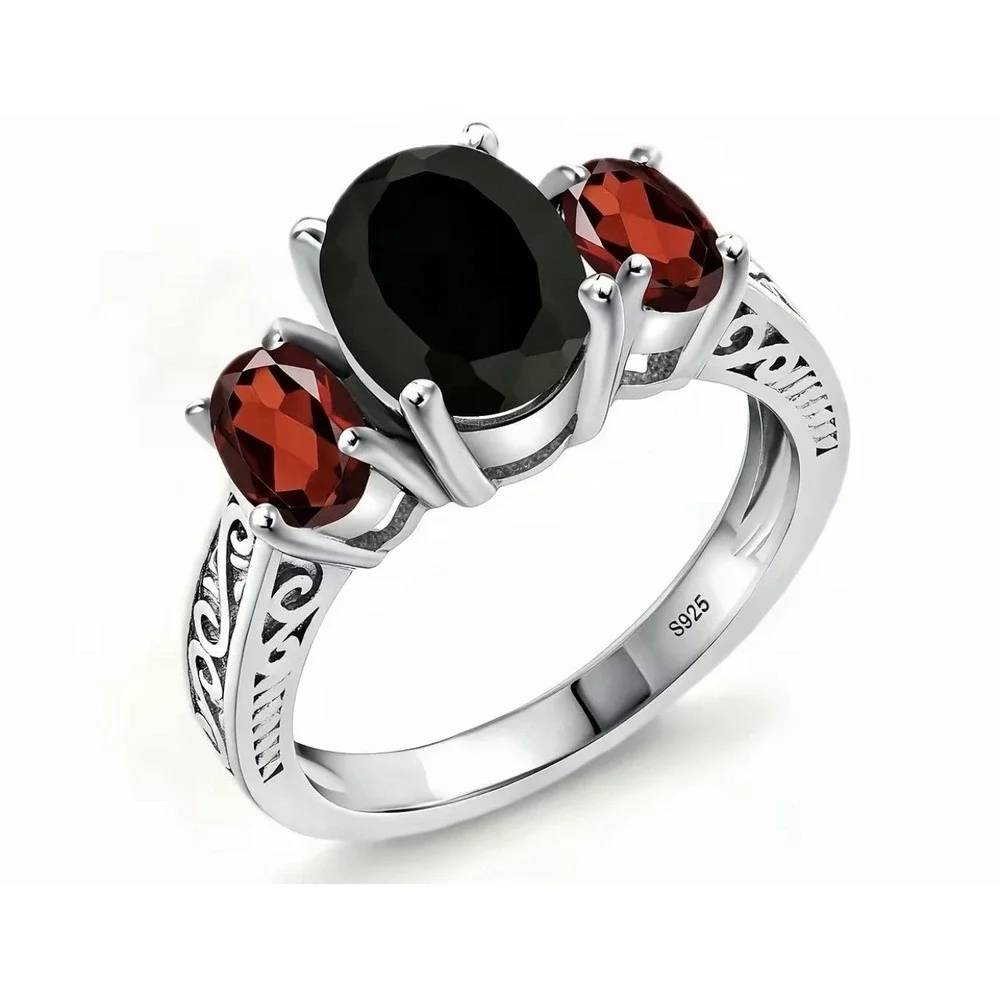 2.73 Cttw Onyx and Garnet 3 Stone‎ Ring For Women | 925 Sterling Silver |